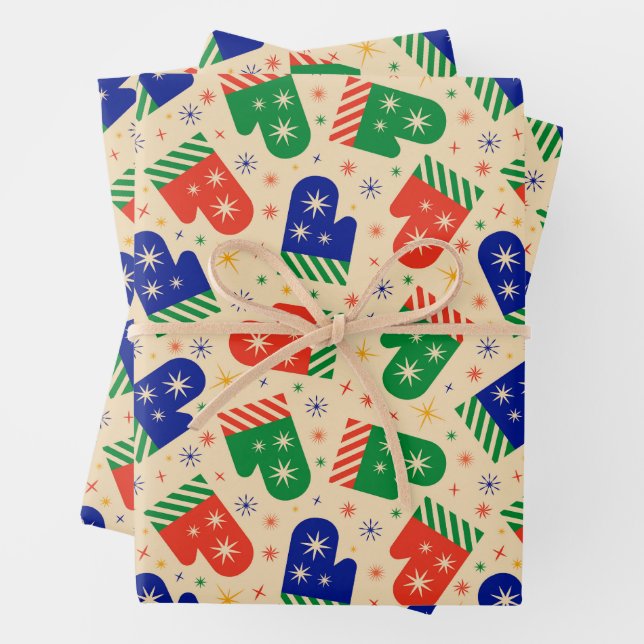 Festive Colorful Christmas Mittens  Wrapping Paper Sheets (In situ)