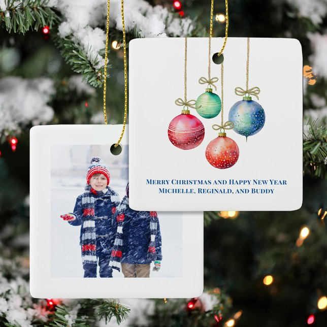 Festive Colorful Christmas Ornaments Photo (Cute Christmas Photo Watercolor Stocking Custom Ornament.)