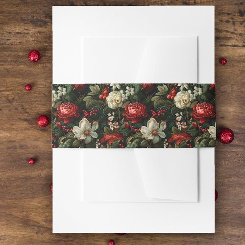 Festive Colorful Christmas Roses Pine and Holly Invitation Belly Band