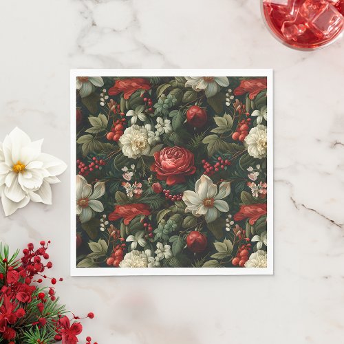 Festive Colorful Christmas Roses Pine and Holly Napkins