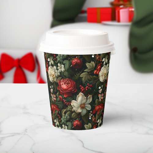 Festive Colorful Christmas Roses Pine and Holly Paper Cups