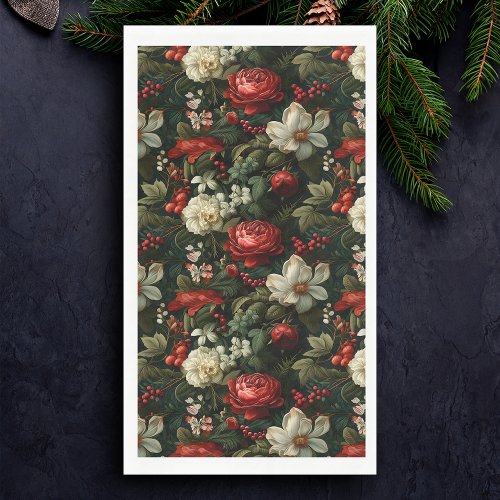 Festive Colorful Christmas Roses Pine and Holly Paper Guest Towels