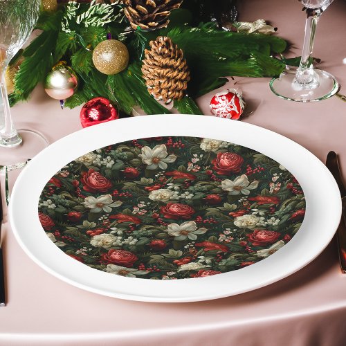 Festive Colorful Christmas Roses Pine and Holly Paper Plates