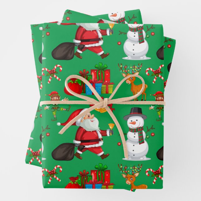 Festive Colorful Christmas Santa, Snowman, Present Wrapping Paper Sheets (In situ)