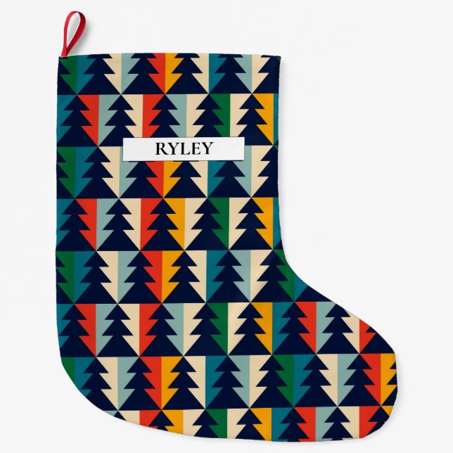 Festive Colorful Christmas Trees Pattern Monogram Large Christmas Stocking (Front)