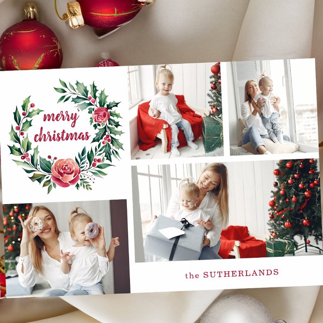 Festive Colorful Christmas Wreath Photo Collage Holiday Card (Creator Uploaded)