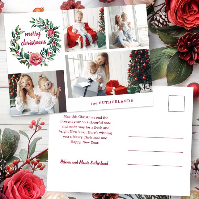 Festive Colorful Christmas Wreath Photo Collage Holiday Postcard (Creator Uploaded)