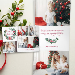 Festive Colorful Christmas Wreath Photo Collage Tri-Fold Holiday Card