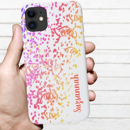 Festive Colorful Confetti Streamers Custom Name iPhone 11 Case