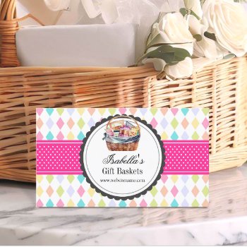Festive Colorful Gift Basket Business Card by SocialiteDesigns at Zazzle