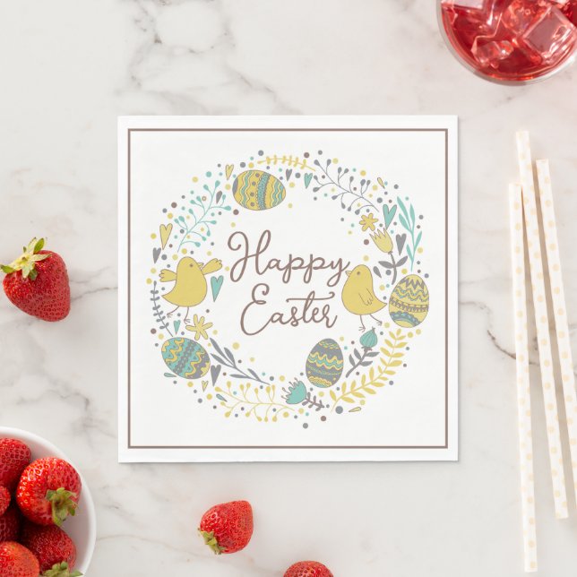 Festive Colorful Happy Easter Chicks & Wreath Napkins (Insitu)