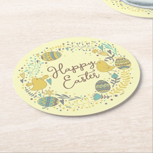 Festive Colorful Happy Easter Chicks  Wreath Round Paper Coaster