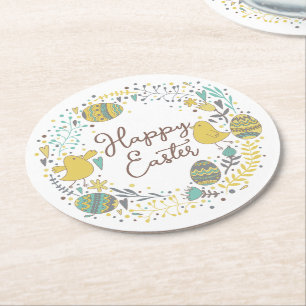 Festive Colorful Happy Easter Chicks & Wreath Round Paper Coaster