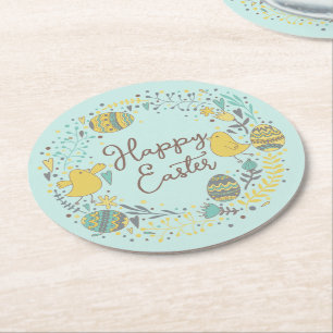 Festive Colorful Happy Easter Chicks & Wreath Round Paper Coaster