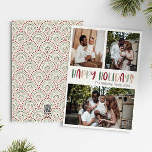 Festive Colorful Happy Holidays Bold Three Photo Holiday Card