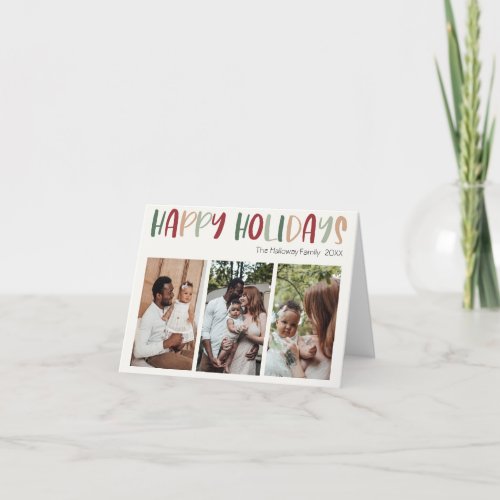 Festive Colorful Happy Holidays Folded Three Photo Holiday Card