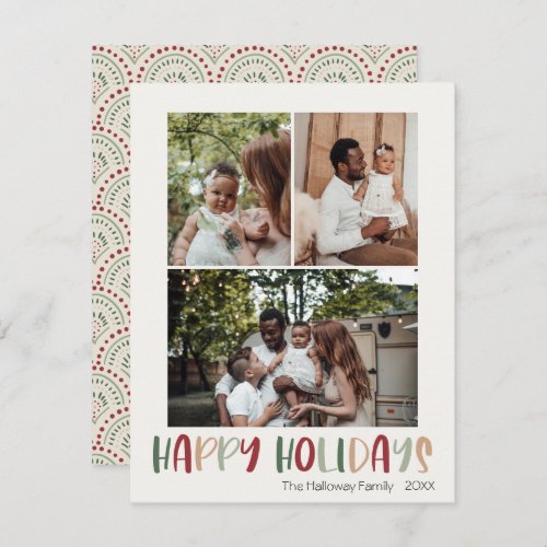 Festive Colorful Happy Holidays Vertical 3 Photo Holiday Card