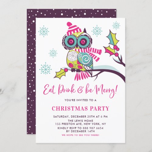 Festive Colorful Neon Owl Christmas Party Invitation