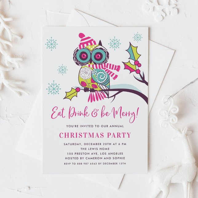 Festive Colorful Neon Owl Christmas Party Invitation (Creator Uploaded)