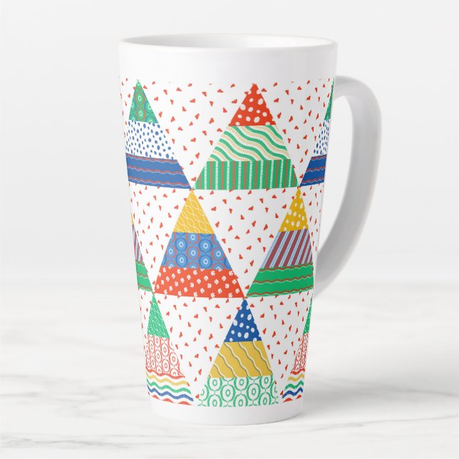 Festive Colorful Patchwork Christmas Triangles Latte Mug (Right Angle)