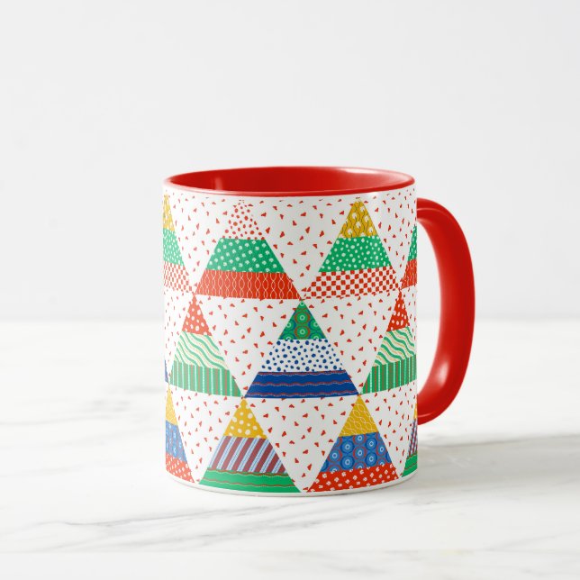Festive Colorful Patchwork Christmas Triangles Mug (Front Right)