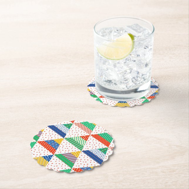 Festive Colorful Patchwork Christmas Triangles Paper Coaster (Insitu)