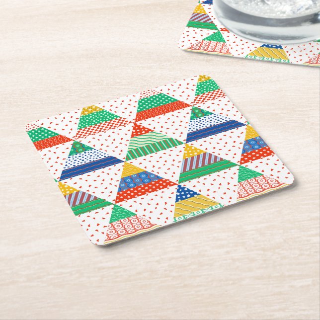 Festive Colorful Patchwork Christmas Triangles Square Paper Coaster (Angled)