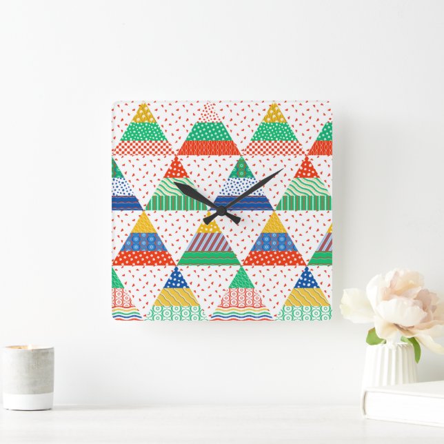 Festive Colorful Patchwork Christmas Triangles Square Wall Clock (Home)