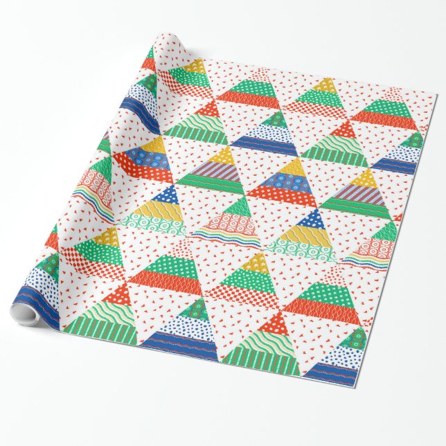 Festive Colorful Patchwork Christmas Triangles Wrapping Paper (Unrolled)