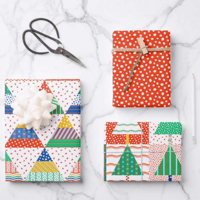 Festive Colorful Patchwork Christmas Triangles Wrapping Paper Sheets (Front)