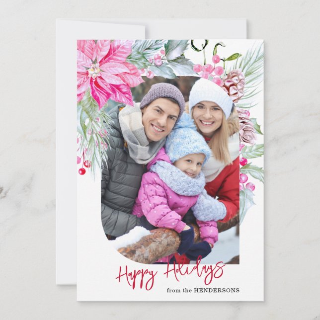 Festive Colorful Pink Poinsettias Photo Holiday Card (Front)