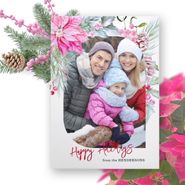 Festive Colorful Pink Poinsettias Photo Tri-Fold Card (Creator Uploaded)