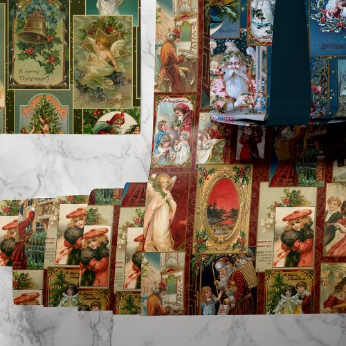 Festive Colorful Vintage Christmas Card Collage Wrapping Paper Sheets
