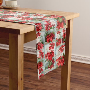 Festive Colorful Vintage Poinsettias Long Table Runner