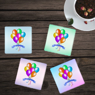 Festive Colourful Balloons Ribbons Happy Birthday Coaster Set