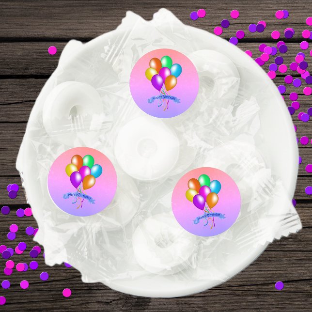 Festive Colourful Balloons Streamers Birthday Sign Life Saver® Mints (Bright colourful balloons streamers on pink fading to purple Happy Birthday mint candy party favors.)