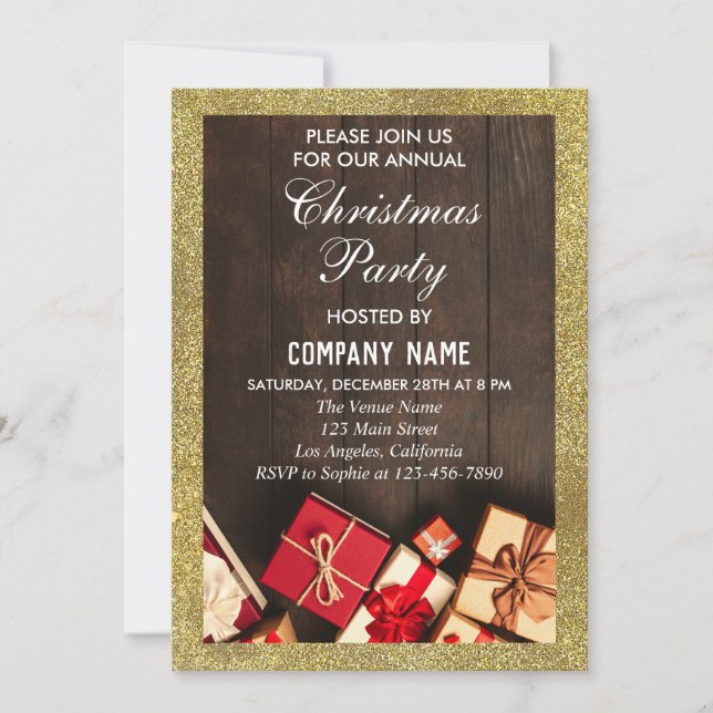 Festive Company Christmas Party Gifts Gold Glitter Invitation (Front)