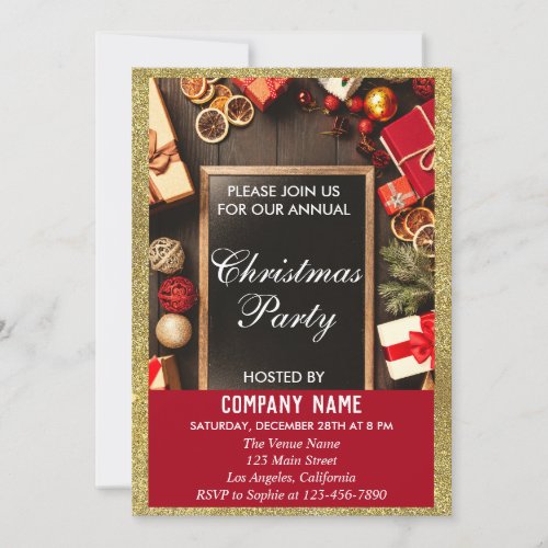 Festive Company Christmas Party Red  Gold Glitter Invitation