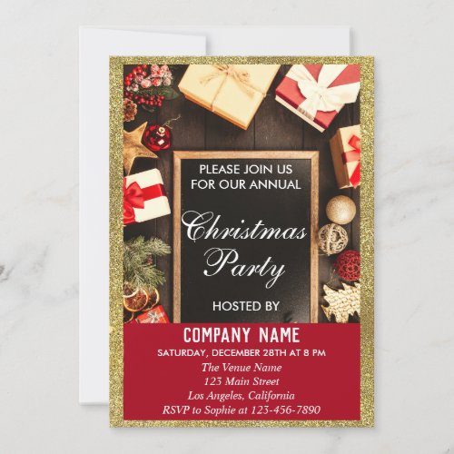 Festive Company Christmas Party Red  Gold Glitter Invitation