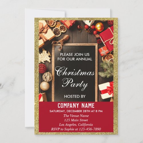 Festive Company Christmas Party Red  Gold Glitter Invitation