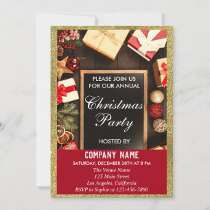 Festive Company Christmas Party Red & Gold Glitter Invitation