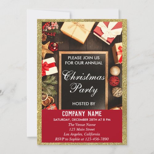 Festive Company Christmas Party Red  Gold Glitter Invitation