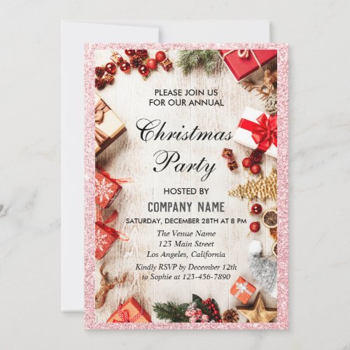 Festive Company Christmas Party Rose Gold Glitter Invitation