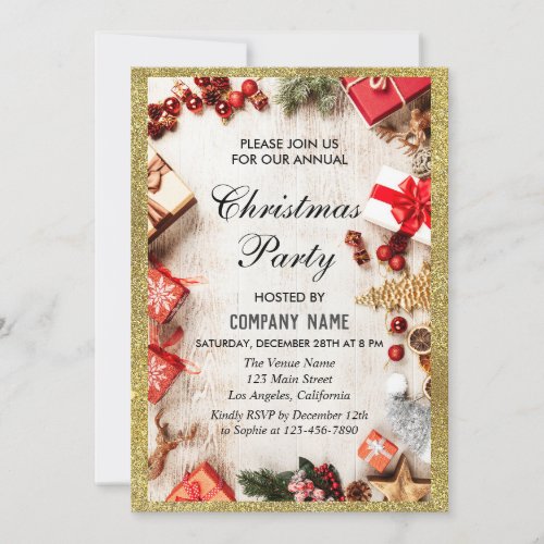 Festive Company Christmas Party White Gold Glitter Invitation