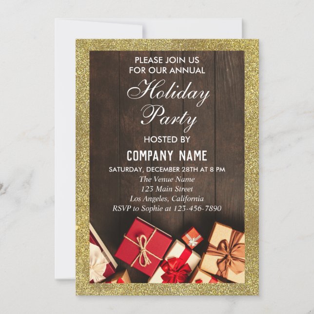 Festive Company Holiday Party Gifts Gold Glitter Invitation (Front)