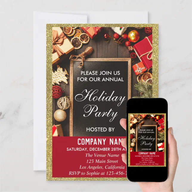 Festive Company Holiday Party Red & Gold Glitter Invitation | Zazzle
