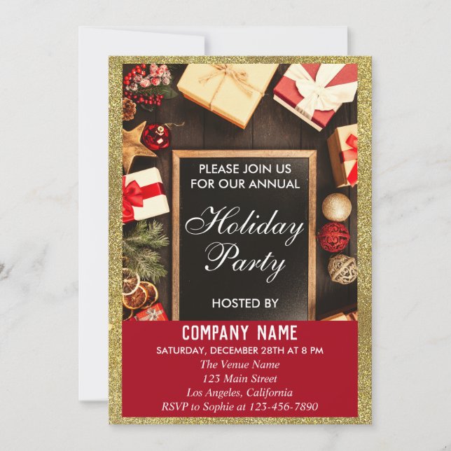 Festive Company Holiday Party Red & Gold Glitter Invitation (Front)