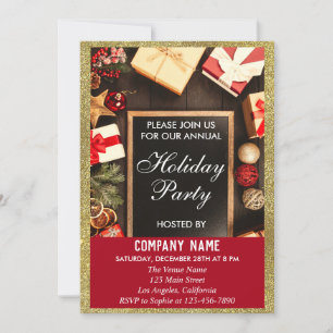 Festive Company Holiday Party Red & Gold Glitter Invitation
