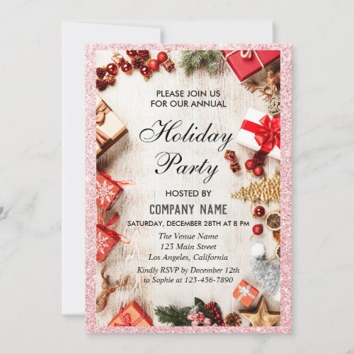 Festive Company Holiday Party Rose Gold Glitter Invitation