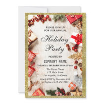 Festive Company Holiday Party White & Gold Glitter Invitation